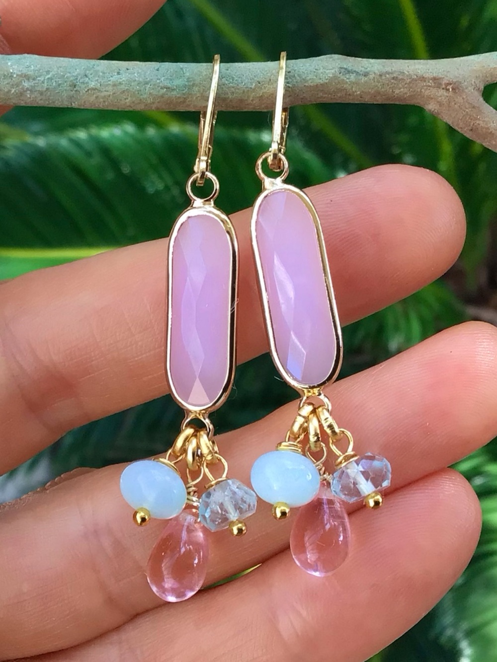 Rose Quartz bezel Aquamarine gold plated Earrings